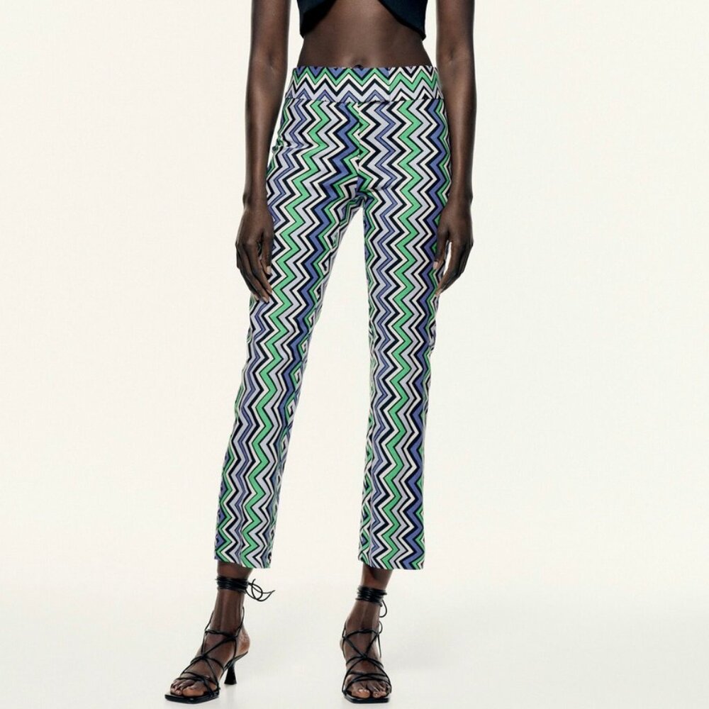 Zara Zig Zag Printed Linen Blend Pants Trousers
